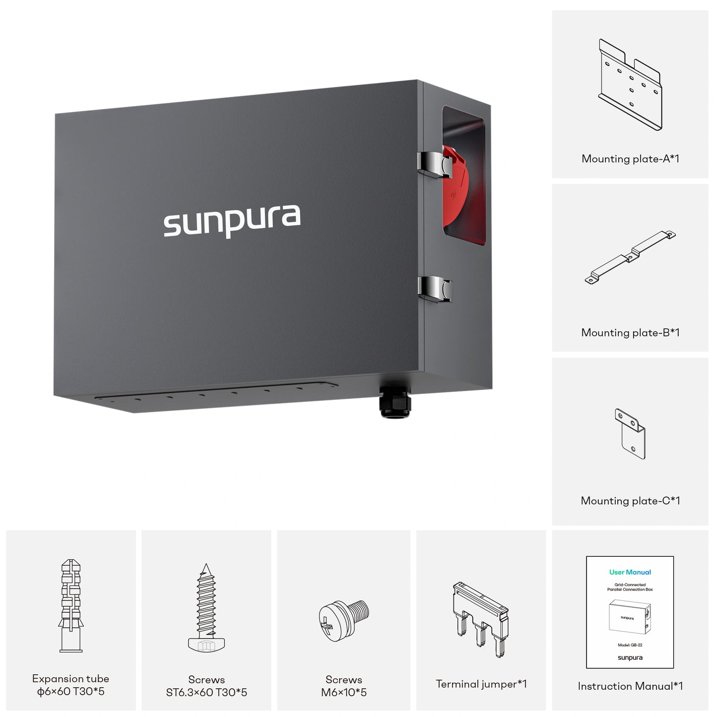 Inhoud van de Sunpura GridBox-verpakking met aansluitaccessoires voor de S2400
