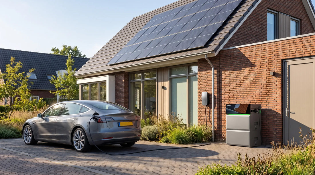 Elektrische auto aan een laadpaal bij een Nederlandse woning met zonnepanelen en thuisbatterij