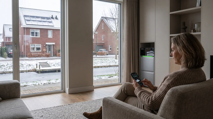 Huiseigenaar bekijkt energiegebruik naast een thuisbatterij op een winterdag met zonnepanelen.