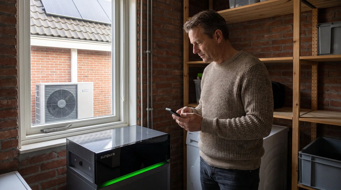 Huiseigenaar bekijkt energiegegevens in een woning met zonnepanelen, warmtepomp en thuisbatterij.