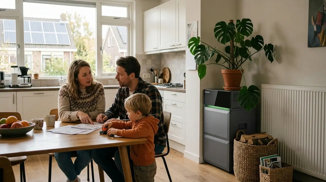 Modern Nederlands gezin bekijkt dynamische energieprijzen op tablet naast thuisbatterij en zonnepanelen