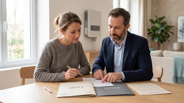 Proprietaire_comparant_deux_devis_de_batterie_solaire_avec_un_professionnel_avant_de_signer