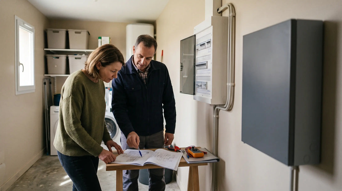 Proprietaire_et_professionnel_verifiant_un_tableau_electrique_et_des_documents_avant_l_installation_d_une_batterie_solaire